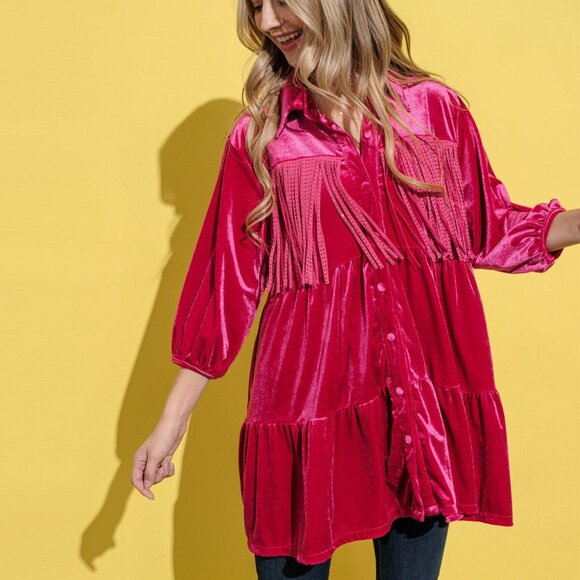 And The Why Fringe Detailed Velvet Shirt Dress Tunic Top New - Picture 5 of 9